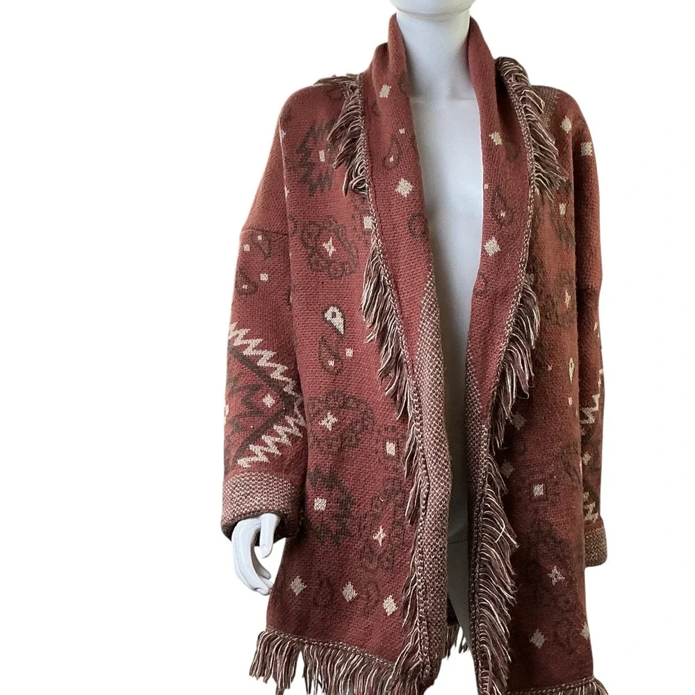 Womens Large Southwestern Fringe Open Front Cardigan Rust 12W2790N - Picture 12 of 16